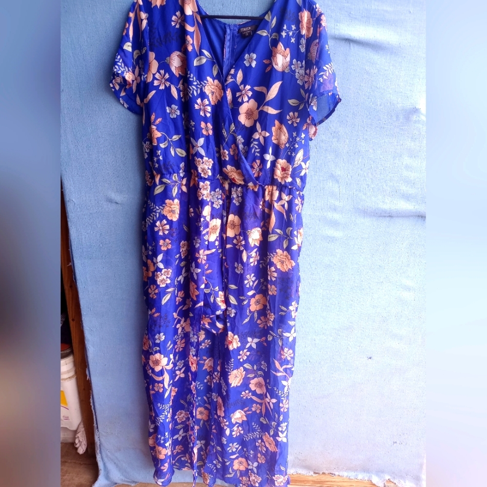 New no tags  Toxik3 Women's Plus Size 2x Blue Floral Shorts Romper With Train Z2